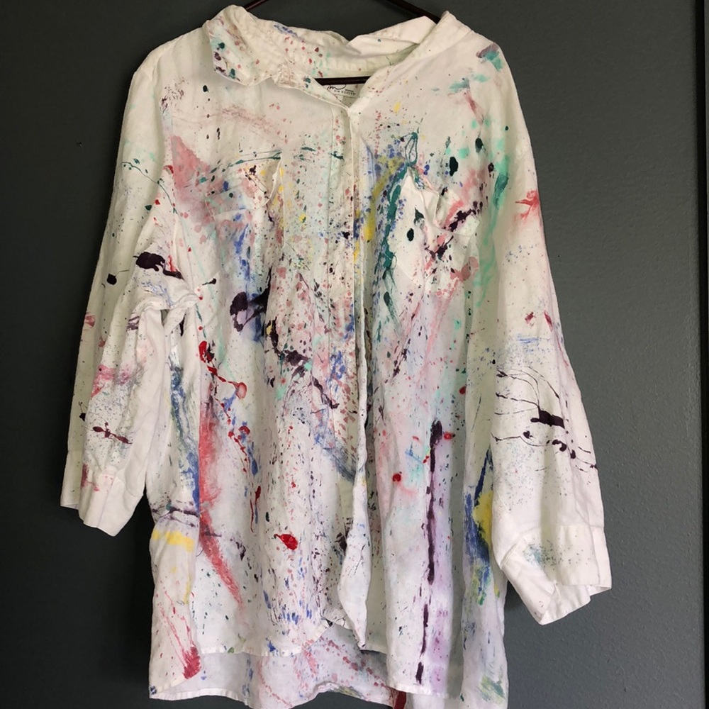 white button up with paint splatters.
